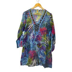 Sheer Floral Womens Tunic Large Embellished Embroidered Slit Art to Wear Boho